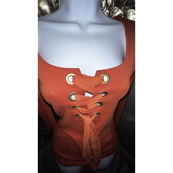 Free People Burnt Orange Lace Up Satin Ribbon Front Long Sleeve Top, Size Xsmall - Picture 8 of 13